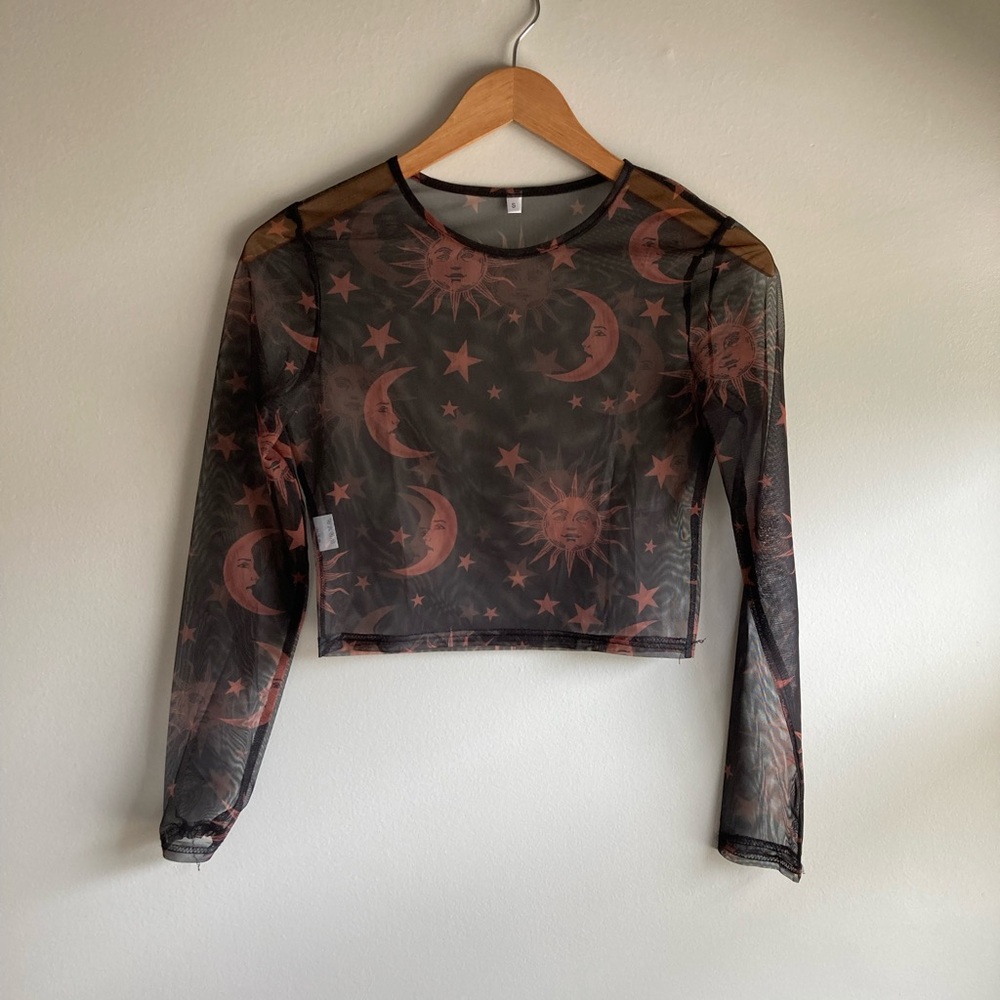 Celestial Sun Moon Long Sleeve Sheer Black Mesh Crop Top Small